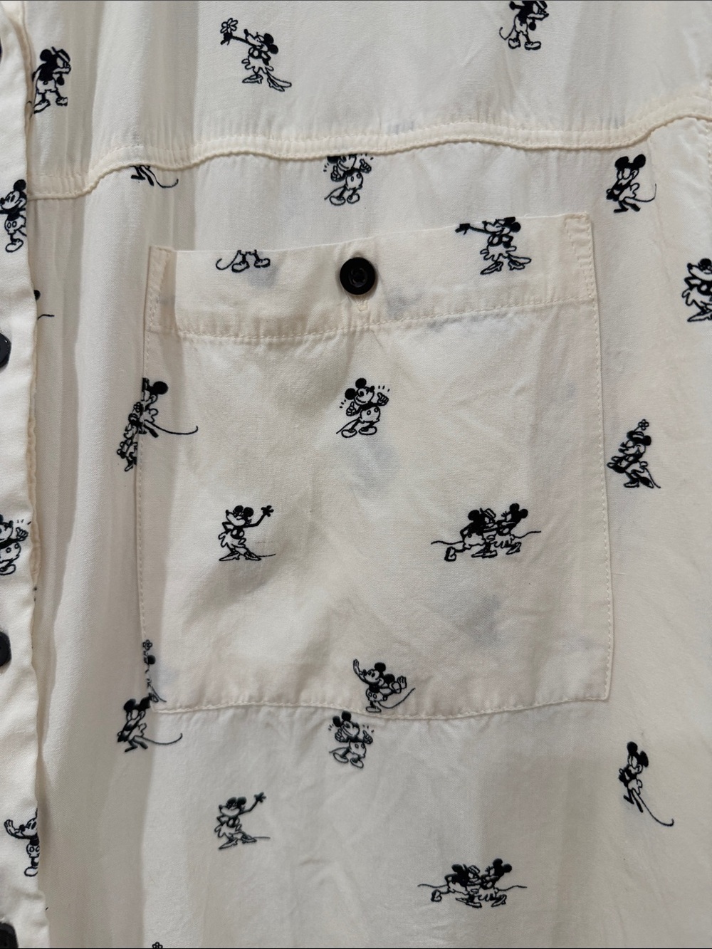 NWOT Disney Cream Button-Up Shirt with Black Mickey Motif Steamboat Willy - Picture 2 of 6
